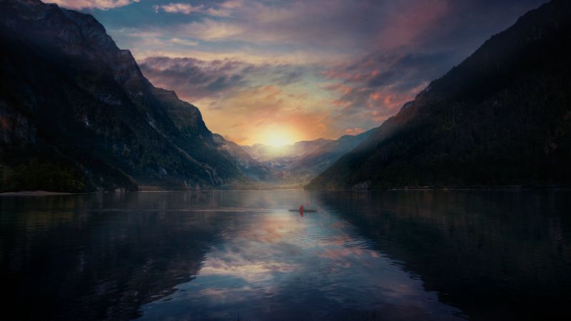 Sunrise, Alone, Mountains, Morning, Reflection, Lake, Switzerland, 5K, Wallpaper
