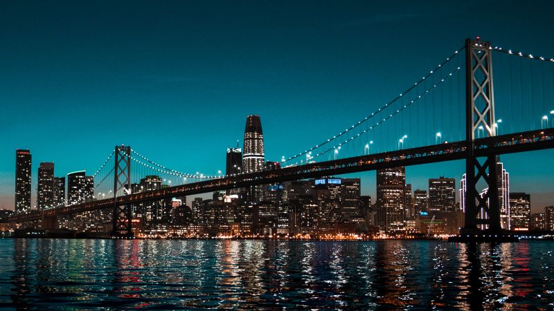 Brooklyn Bridge, New York, Cityscape, Night time, City lights, Skyline, Body of Water, Clear sky, Skyscrapers, Wallpaper