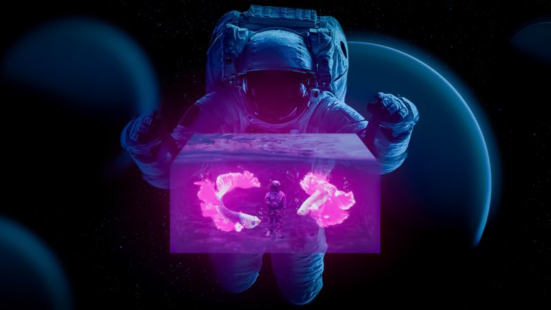 Astronaut, Water cube, Fish, Photo Manipulation, Dark background, Space suit, Fiction, 5K, Wallpaper