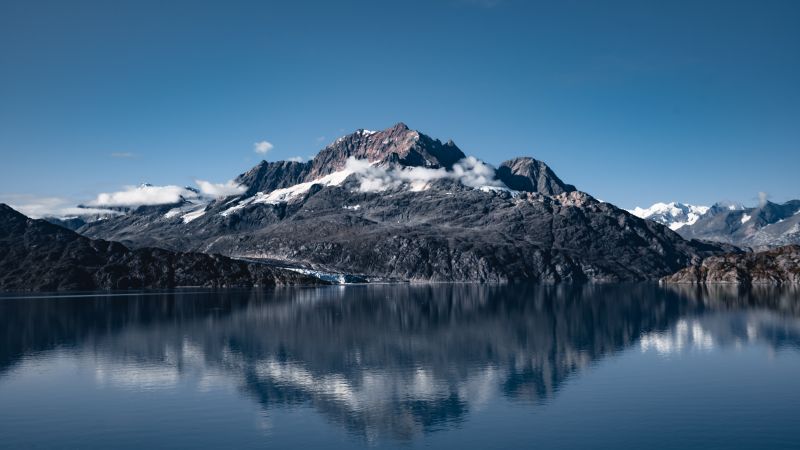 Mount Copper, Lamplugh Glacier, Glacier Bay National Park, Alaska, Famous Place, Clear sky, Body of Water, Reflection, Landscape, Mountain range, 5K, 8K, Wallpaper