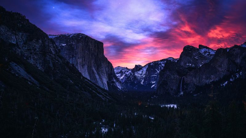 Yosemite National Park, Sunrise, Tunnel View, Beautiful Sky, Landscape, Scenery, Valley, No People, Snow covered, 5K, 8K, Wallpaper