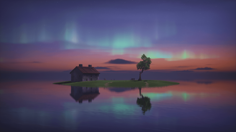 Island, Sunset, Twilight, Aurora Borealis, House, Lone tree, Evening sky, Reflections, Lake, Body of Water, 5K, Wallpaper