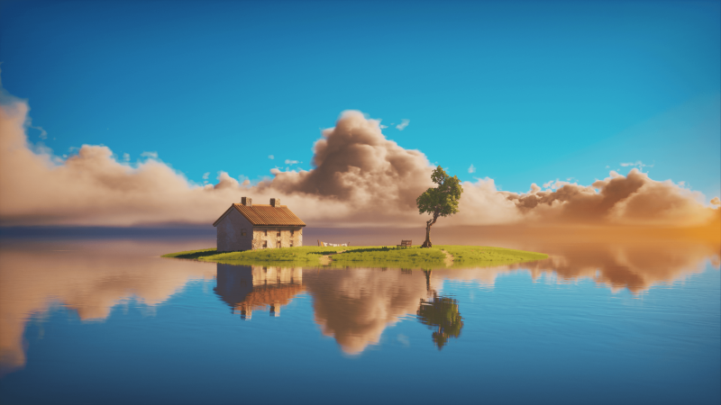 Island, Sunny day, Daylight, Blue Sky, House, Lone tree, Reflections, Lake, Body of Water, 5K, Wallpaper