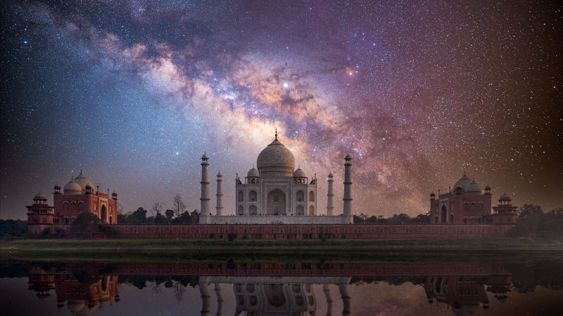 Taj Mahal, UNESCO World Heritage Site, Agra, India, Starry sky, Milky Way, Yamuna River, Reflection, Evening sky, 5K, Wallpaper