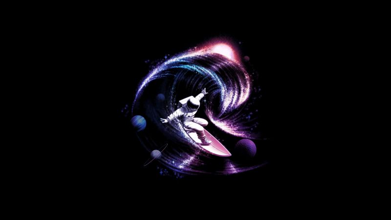 Space surfer, Astronaut, Surfing, Bored Astronaut, Black background, AMOLED, Wallpaper