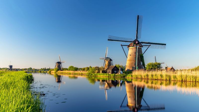 Windmills at Kinderdijk, South Holland, Netherlands, Countryside, River, Reflections, 5K, 8K, Wallpaper