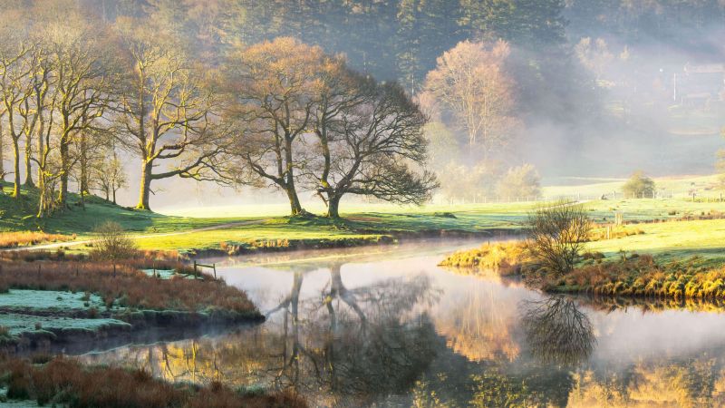 River Brathay, Fall, Landscape, Scenery, Foggy, Morning, Reflections, 5K, Wallpaper