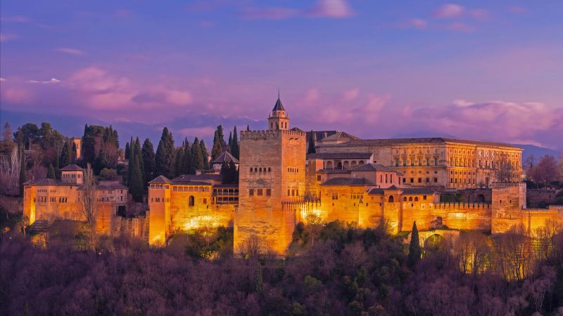 Nasrid Palaces, Ancient architecture, Historical landmark, Granada, Spain, Purple sky, Night, 5K, Wallpaper