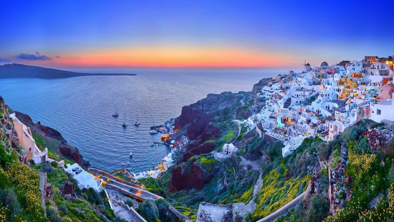 Santorini Island, Thira, Aegean Sea, Fira Town, Greece, Dusk, Sunset, Sunrise, Panorama, 5K, 8K, Wallpaper