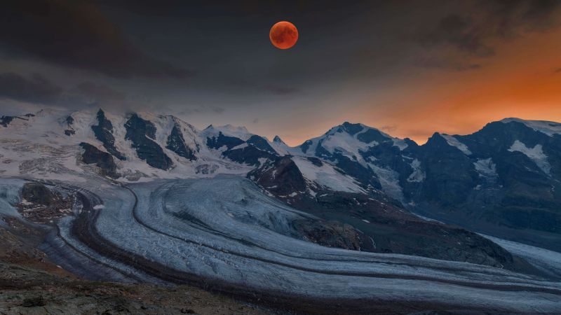 Blood Moon, Alps mountains, Bernina Range, Piz Pal, Landscape, Sunset, Europe, 5K, 8K, Wallpaper