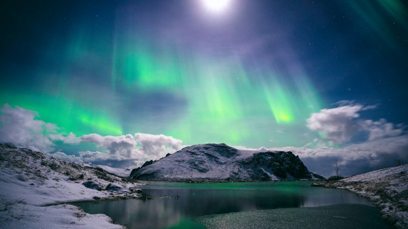 Aurora Borealis, Glacier mountains, Snow covered, Natural Phenomena, Night sky, 5K, Wallpaper