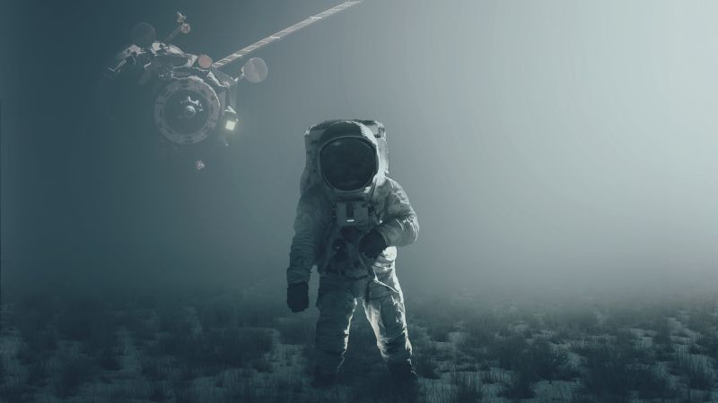 Astronaut alone fog exploration moon surface spacecraft 