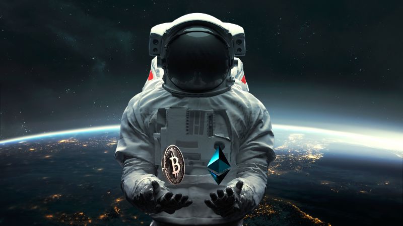 Astronaut, Bitcoin, Ethereum, Cryptocurrency, Planet Earth, Outer space, Space suit, 5K, Wallpaper