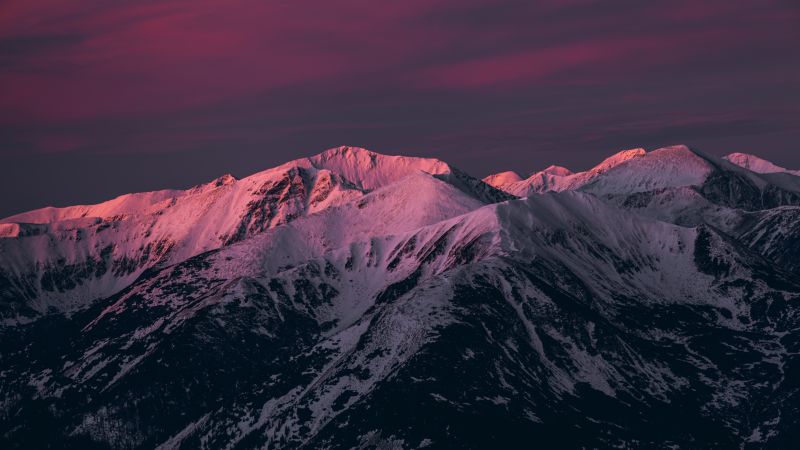 Mountains, Pink sky, Twilight, Sunset, Dusk, Snow covered, Evening, 5K, Wallpaper
