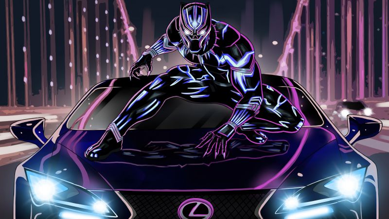 Black Panther, Lexus LC 500, Digital Art, Neon art, Marvel Superheroes, 5K, Wallpaper