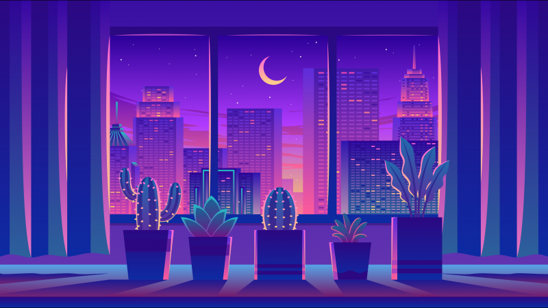 Room, Cityscape, Plants, Crescent Moon, Skyscrapers, Buildings, Neon, Pink, Purple, Wallpaper