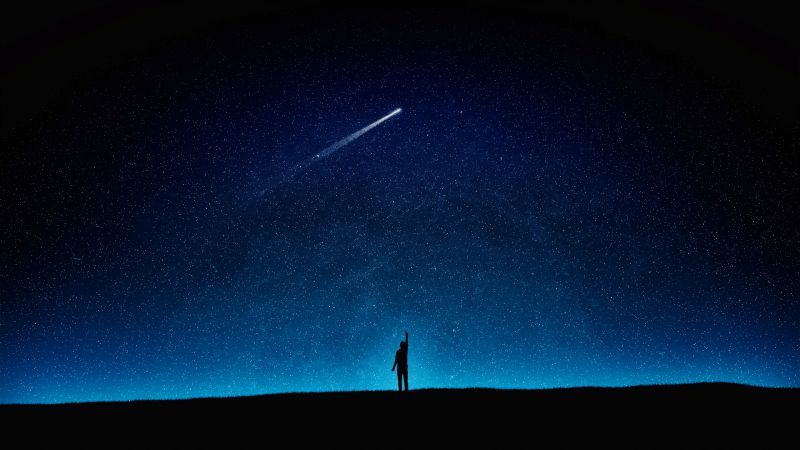Night, Man, Alone, Starry sky, Night sky, Comet, Silhouette, Wallpaper