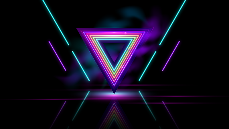 Triangles, Neon colors, Neon glow, Dark background, Retrowave, Neon Lights, Reflections, 5K, 8K, Wallpaper