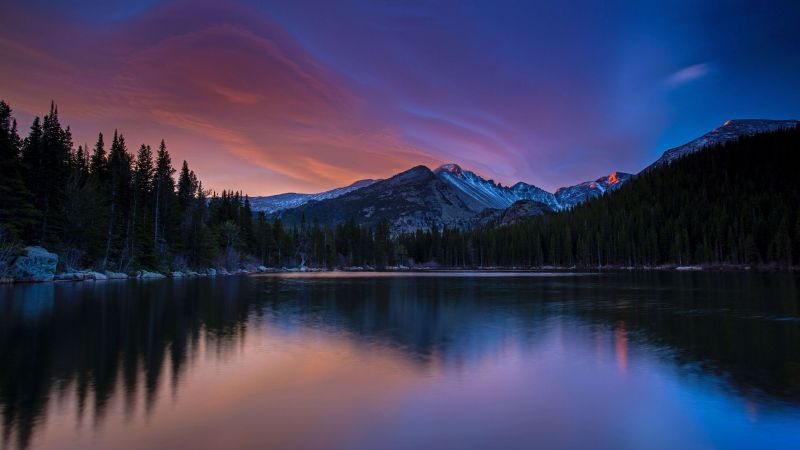 Bear Lake, Rocky Mountain National Park, Sunset, Reflection, Forest, Landscape, Colorado, 5K, Wallpaper