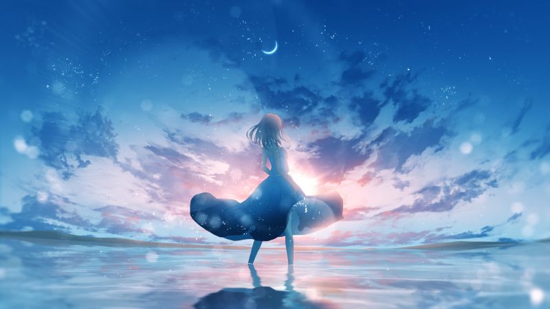 Anime girl, Dream, Happy girl, Moon, Crescent Moon, Girly backgrounds, Beach, Seascape, Ocean, Reflections, Aesthetic, Wallpaper