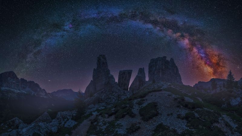Dolomites, Mountains, Milky Way, Night, Starry sky, Dolomite mountains, Rocks, Italy, 5K, 8K, Wallpaper