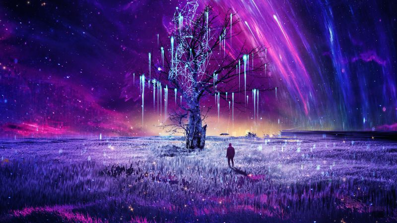 Mystic surreal dream tree planets digital art man alone 