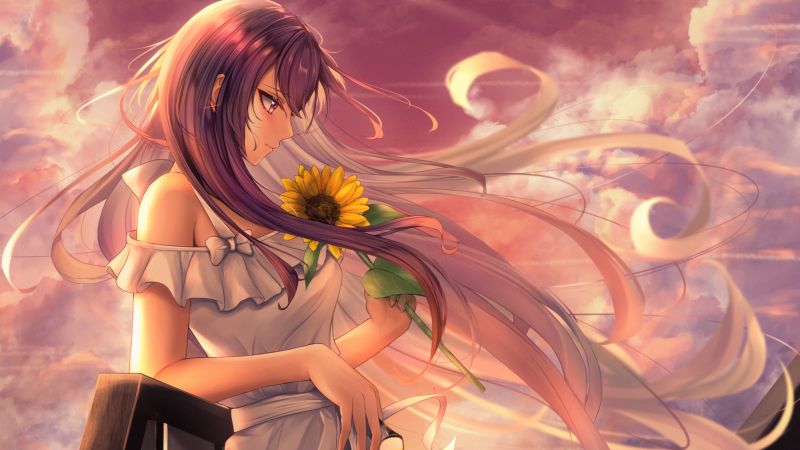Anime girl, Happy Mood, Sunflower, Alone, 5K, Wallpaper