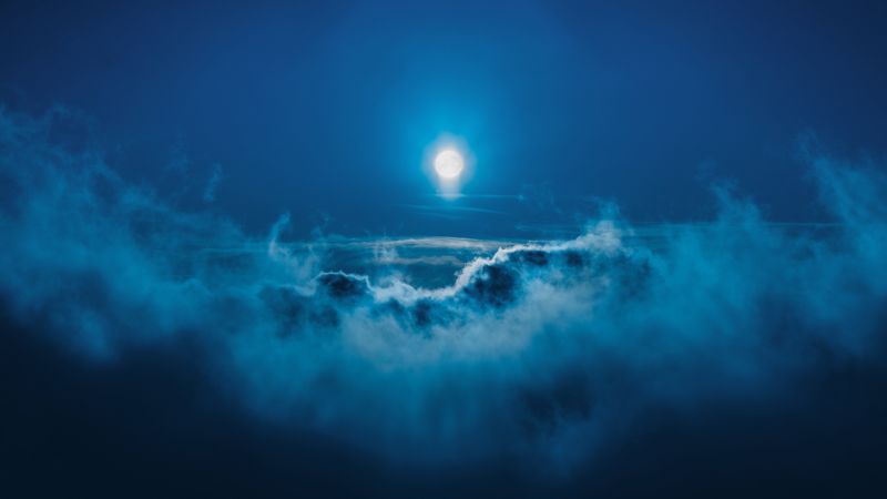 Moon, Night, Above clouds, Cold, Blue Sky, 5K, Wallpaper