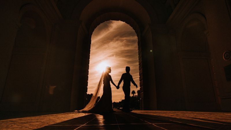 Couple, Marriage, Together, Hands together, Walking together, Silhouette, Sunset, 5K, Wallpaper