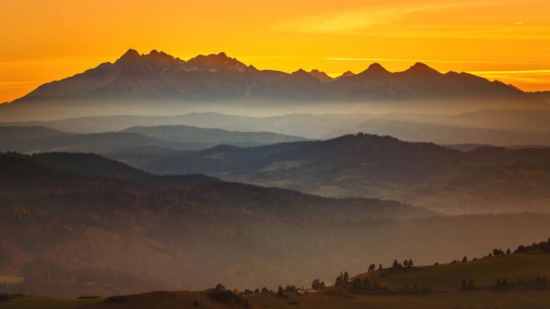 Tatra Mountains, Mountain range, Sunset, Orange sky, Europe, Wallpaper