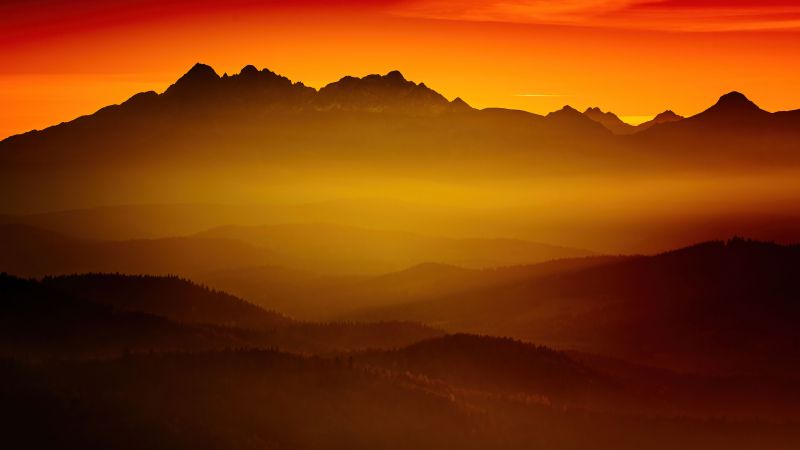 Tatra Mountains, Mountain range, Sunset, Orange sky, Europe, 5K, 8K, Wallpaper