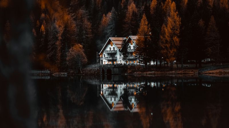 Chalet, Antholzer See, Lake Antholz, Nature Park Rieserferner-Ahrn, Autumn, Reflection, Forest, Italy, Brown aesthetic, Wallpaper