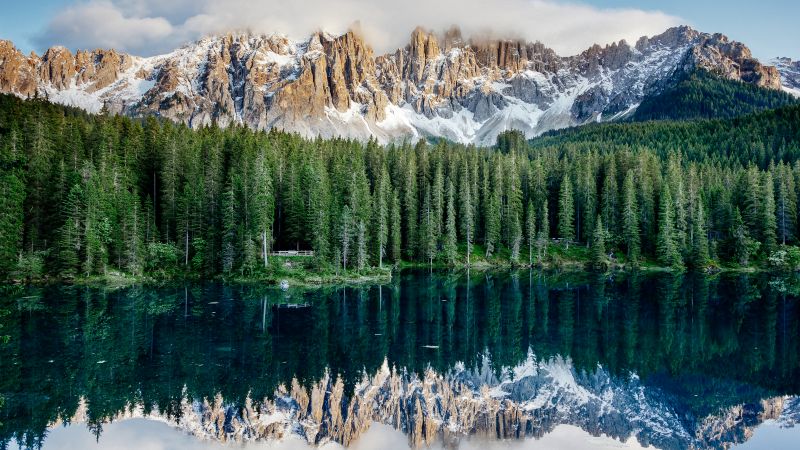 Karersee Lake, Dolomite mountains, Alps mountains, Landscape, Italy, Reflection, 5K, Wallpaper