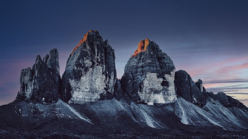 Three peaks of Lavaredo, Dolomite mountains, National Park, Italy, UNESCO World Heritage Site, Sunset, 5K, Wallpaper