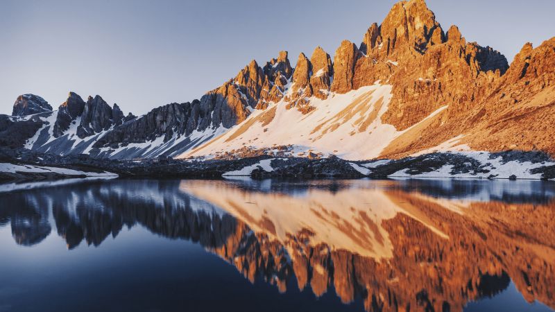 Lago di Piano Lake, Three peaks of Lavaredo, National Park, Italy, Mountains, Reflection, Sunrise, Italy, 5K, Wallpaper
