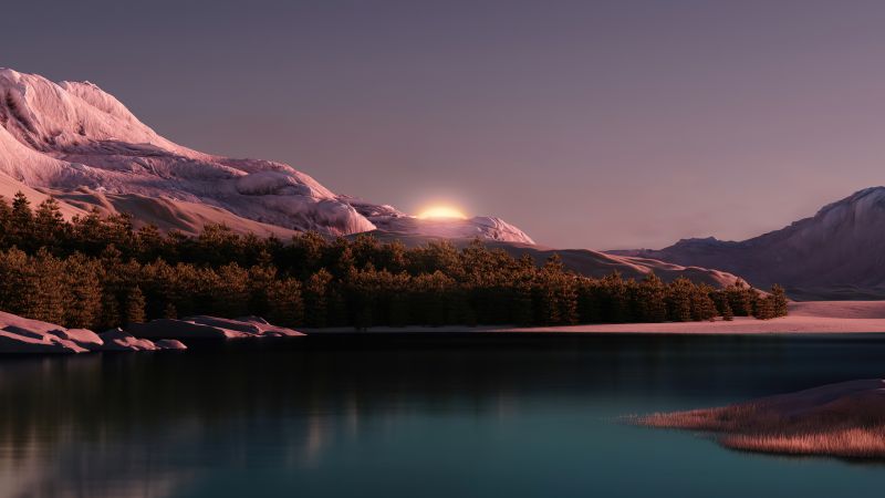 Landscape, Evening, Sunset, Forest, Mountains, Lake, Reflection, Windows 11, Wallpaper