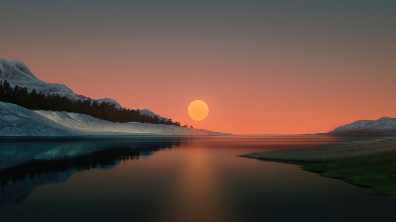 Sunset, Dusk, Lake, Reflection, Landscape, Windows 11, Wallpaper