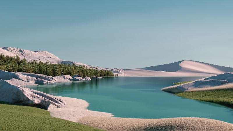 Desert, Landscape, Windows 11, Lake, Forest, Sunny day, Wallpaper