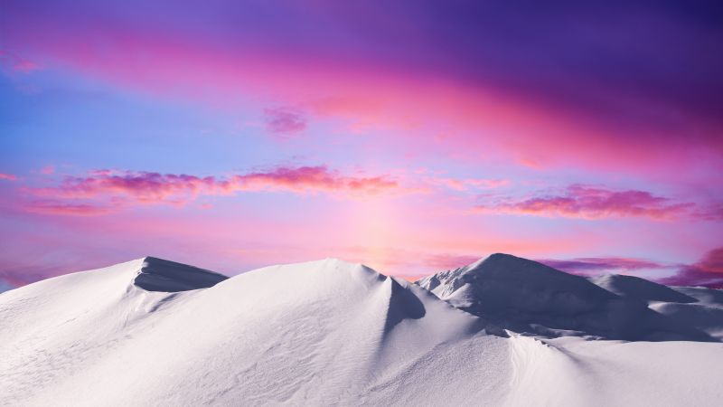 Mountains, Snow covered, Colorful Sky, Evening sky, Twilight, Sunset, Purple sky, Motorola Edge 30 Neo, Stock, Wallpaper