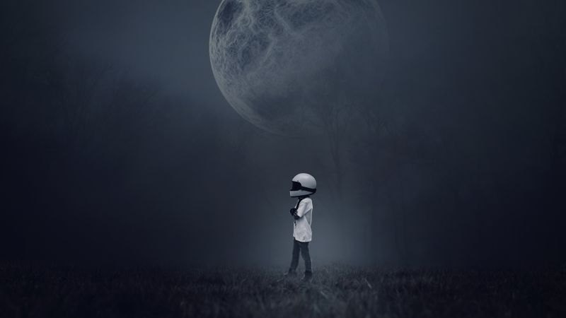 Moon, Alone, Boy, Dream, Helmet, Foggy, Wallpaper