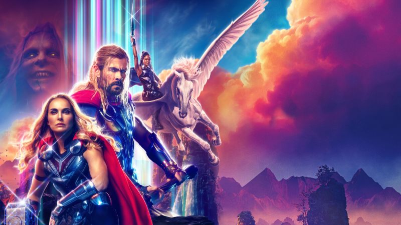 Thor: Love and Thunder, Chris Hemsworth as Thor, Natalie Portman as Jane Foster, Tessa Thompson as Valkyrie, 2022 Movies, Marvel Comics, Wallpaper