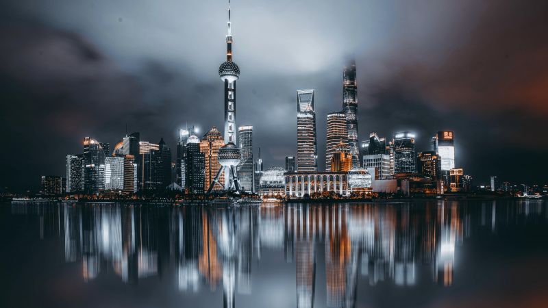 Shanghai City, Cityscape, Reflections, Night City, City lights, Aerial view, Skyscrapers, Dark Sky, 5K, 8K, Wallpaper