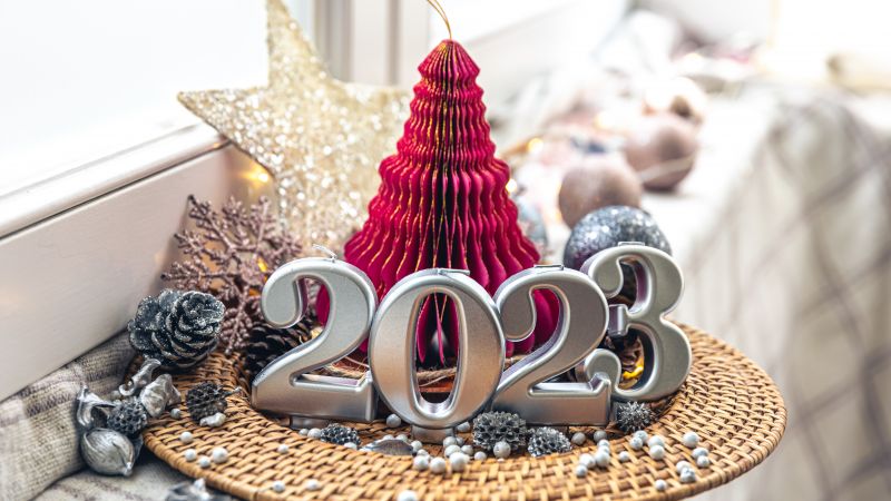 2023 New year, Happy New Year, Christmas decoration, Christmas background, Merry Christmas, Candles, 5K, Wallpaper