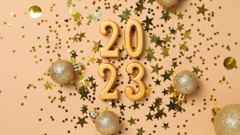 2023 New year, Happy New Year, Christmas decoration, Christmas background, Peach background, Glitter letters, Stars, 5K, Wallpaper