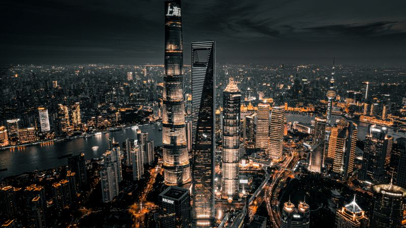 Shanghai City, Cityscape, Night City, City lights, Aerial view, Skyscrapers, Dark Sky, 5K, Wallpaper