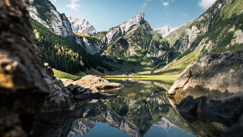 Seealpsee lake, Alps mountains, Reflections, Scenery, Summer, Mountain Peak, Landscape, Scenic, 5K, 8K, Wallpaper