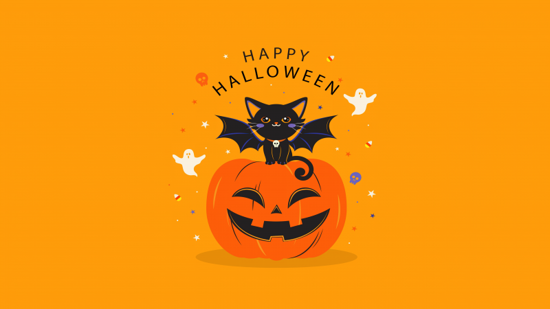 Happy Halloween, Halloween Bats, Halloween Pumpkin, Yellow background, 5K, Wallpaper