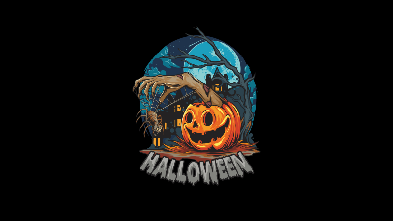 Scary house, Halloween Pumpkin, Black background, AMOLED, Wallpaper