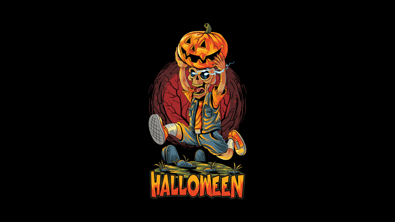 Halloween zombie, Scary, Halloween Pumpkin, Black background, AMOLED, Wallpaper