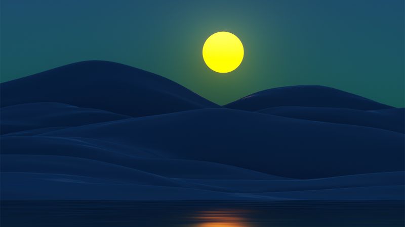Moon, Night, Mountains, Lake, Reflection, Full moon, Digital Art, Wallpaper